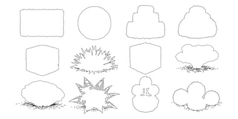 CAD Drawings. Outline Set of bush and shrub. hedge, round shrub, layered bush, flowering bush, trimmed cube bush, spreading plant, desert shrub, fern bush. Vector illustration. © MkJutt