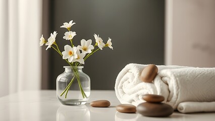 Elegant spa arrangement with white flowers and rolled towels.