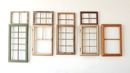 Collection of vintage window frames displayed against white background.