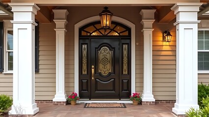 Charming covered porch entrance with a decorative front door.