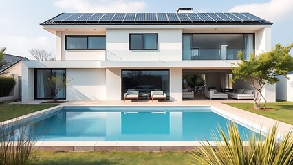 Modern eco-friendly house with solar panels and swimming pool.