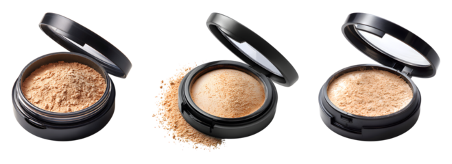 Loose face powder with open lid isolated on transparent background.