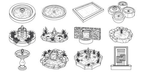 CAD Drawings. Set of 10 water feature.circular fountain, rectangular pool, tiered fountain, pond, wall fountain, garden basin, rock waterfall, bird bath, decorative pond. Vector illustration.