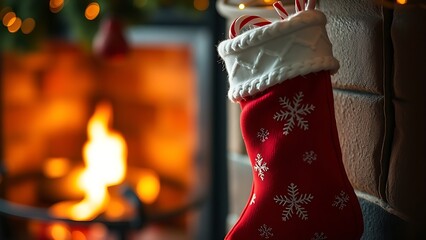 A Christmas stocking filled with gifts hangs by a fireplace, soft lights in the background.