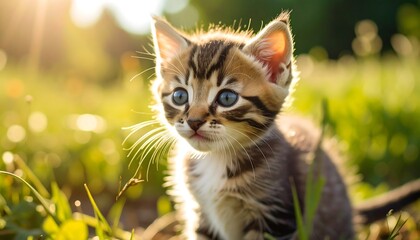 Fototapeta premium A small kitten, striped and spotted, sits in a grassy field, bathed in warm sunlight. Its large, bright blue eyes gaze directly at the camera. Blurred background of out-of-focus greenery