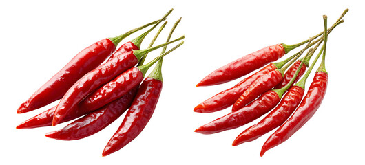 Fresh red chili peppers isolated on transparent background.