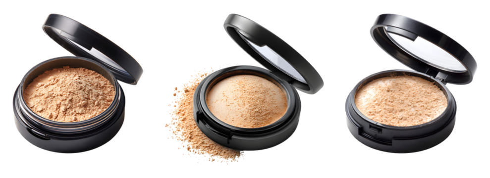Loose face powder with open lid isolated on transparent background.