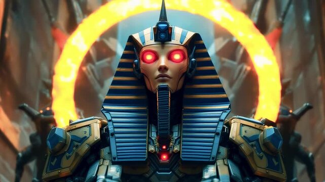 Robotic pharaoh with glowing eyes and a futuristic design, framed by a golden aura