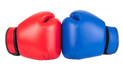  Two boxing gloves, red and blue, facing each other symbolizing competition, isolated on transparent background
