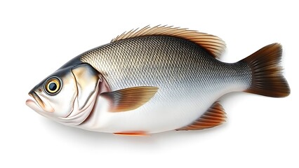 Single fresh sea bass fish isolated, food photography on white background.