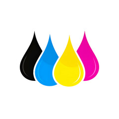 Vivid drops of black, cyan, yellow, and magenta, representing printer ink on black