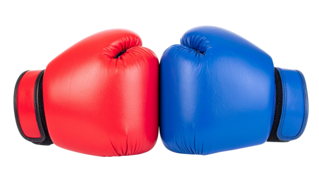 Two boxing gloves, red and blue, facing each other symbolizing competition, isolated on transparent background