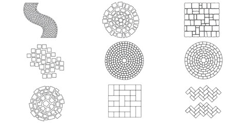 CAD Drawings. Set of pathway and pavement design. curved path, brick path, stone tile layout, spiral walkway, square pavers, cobblestone, circular plaza. Vector illustration. © MkJutt