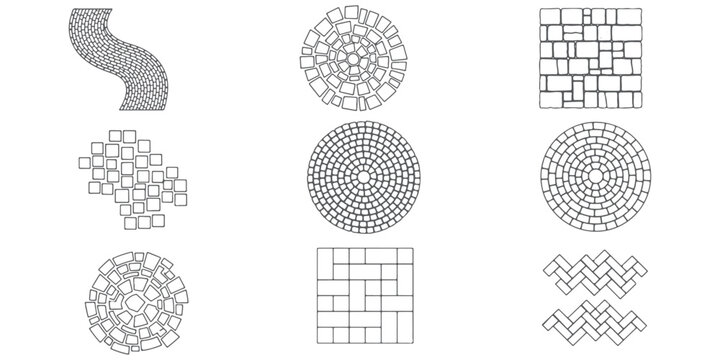 CAD Drawings. Set of pathway and pavement design. curved path, brick path, stone tile layout, spiral walkway, square pavers, cobblestone, circular plaza. Vector illustration.