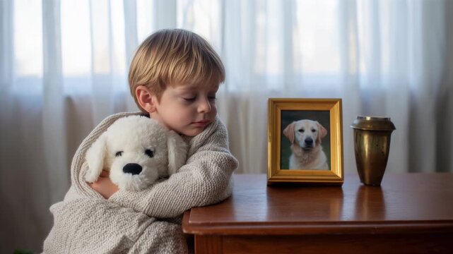 A sad little boy holds a white stuffed dog, facing the camera next to a framed photo of a dog and a pet urn on a wooden table.