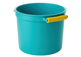 Isolated turquoise plastic bucket with yellow handle. Empty pail, household supplies.