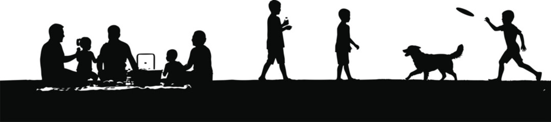Outdoor family silhouette, children playing with dog, picnic in park, leisure lifestyle, summer bonding, technology use, happy childhood activities