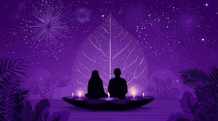 Cosmic Reverie: Silhouette couple observes a display of fireworks and candlelight amidst a dreamy purple night sky, evokes the wonder of the cosmos and romance.