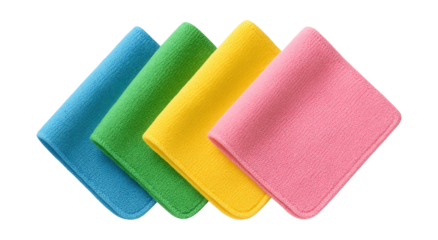 Color-coded microfiber cloths for organizing cleaning tasks by area in a home.