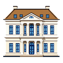 Fototapeta premium White Elegant Mansion with Blue Windows, Transparent Background, Classic Architecture Illustration
