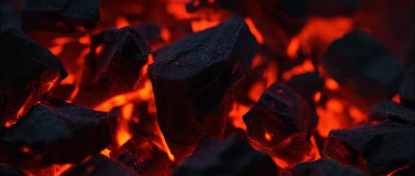 Glowing embers close up of burning charcoal dark red hot texture