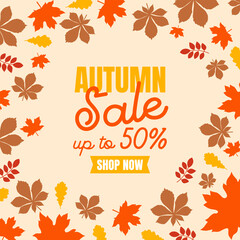 Autumn sale banner with pumpkins and colorful fall leaves on a dark red and brown background. Perfect seasonal illustration for discounts, promotions, and cozy fall marketing designs.