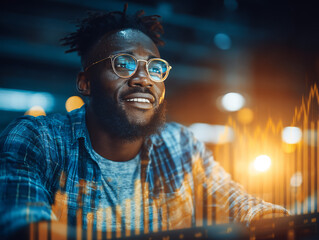 An African American man wea glasses smiles thoughtfully while analyzing a glowing stock market graph overlayed in the dark, showing investment opportunity.