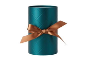 Isolated aqua-teal cylindrical box with gold quilted texture and a satin bow tied around it