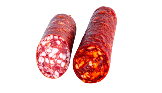  Two chorizo sausage variations with rich color and texture, isolated on transparent background
