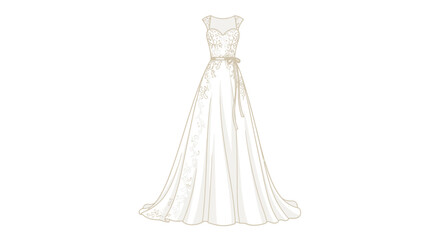 Elegant illustration of a flowing wedding gown, featuring intricate details.