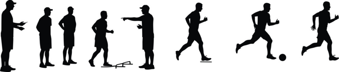 Silhouette illustration of athletic training, soccer practice drills, coach with players, agility exercises, running, teamwork, outdoor sports activity, fitness concept