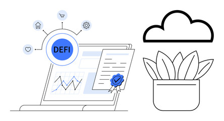 Laptop displaying decentralized finance connections, certified documents, analytics graph, cloud, and potted plant. Ideal for fintech, blockchain, cybersecurity, cloud services innovation