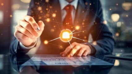 Businessman interacting with glowing digital network on tablet showing connection between innovation, communication, and modern technology - Powered by Adobe