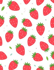 Strawberry pattern on white background.  Simple, cute, repeating design.  Small green leaves and light sprinkles