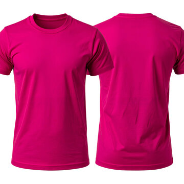 Two views of a plain, vibrant magenta tee, front and back, set against a black background