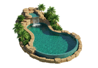 Isolated swimming pool with waterfall and rocks, luxurious outdoor summer architecture