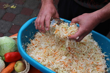 A man prepares sauerkraut in the fall, mixing the cabbage well with carrots and salt.