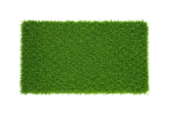 Isolated rectangular patch of artificial green grass for landscaping and decor use