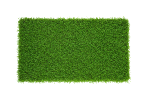 Isolated rectangular patch of artificial green grass for landscaping and decor use