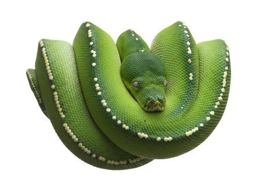 Isolated Green Tree Python coiled, a captivating reptile with vibrant coloration, a visual delight