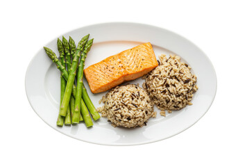 Isolated healthy food with salmon, asparagus, and wild rice, balanced diet meal, lean protein