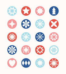 Decorated Christmas ball icon collection. Modern snowflakes and stars. Vector illustration