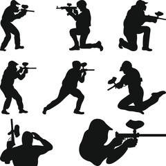 Paintball Player Silhouettes Collection, Paintball player clipart, Paintball player vector illustration.