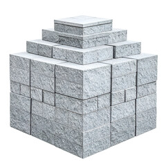 A pyramid-like structure built of neatly stacked, square gray blocks on a black backdrop
