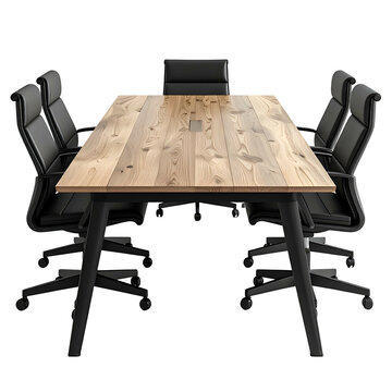 Meeting room setup with a large wooden table and six black leather chairs against a black background