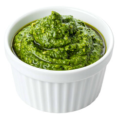 Bright green pesto, textured and glistening, sits in a small white ramekin, ready to serve