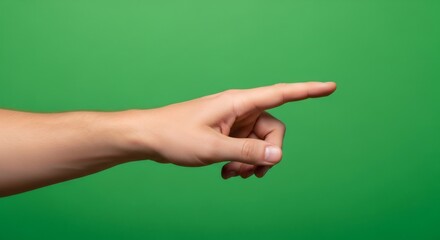 Man hand pointing finger to side, empty space on screen. Chromakey effect concept, isolated on green screen background.