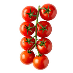 Cluster of vibrant red cherry tomatoes on a green stem, isolated against a black background