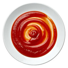 A white plate holds a swirl of vibrant red condiment, showcasing a rich texture and depth