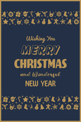 Christmas greeting card with decoration in retro style. Santa Claus, tree, reindeer, present and snowflake icons. Vector illustration